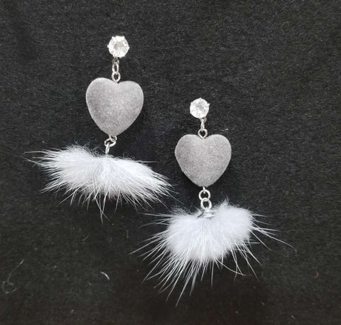 Grey Heart & Fluffy Earrings A1-1