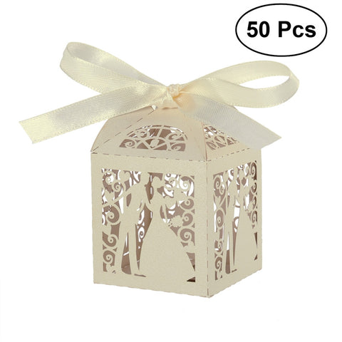 50pcs Couple Design Luxury Lase Cut Wedding Sweets Candy Gift Favour Boxes with Ribbon Table Decorations (Creamy-white)