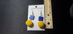 Blue square bead & Yellow pompom Earrings D2-2