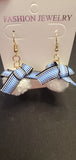 Blue checkered ribbon & White pompom Earrings D2-1