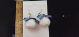 Blue checkered ribbon & White pompom Earrings D2-1