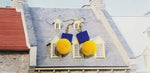 Blue square bead & Yellow pompom Earrings D2-2